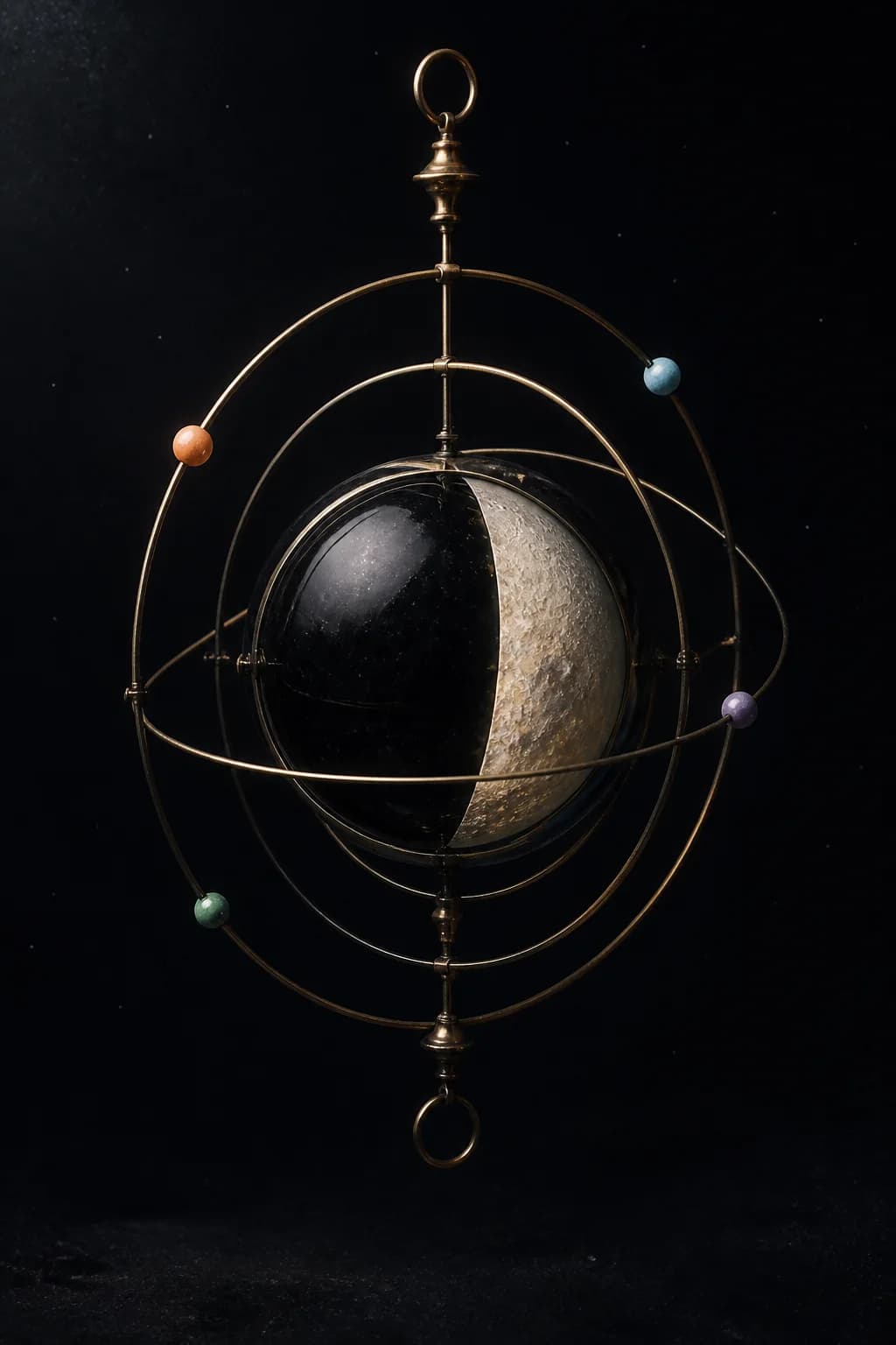 An obsidian lunar sphere held inside delicate aged-brass orbital rings